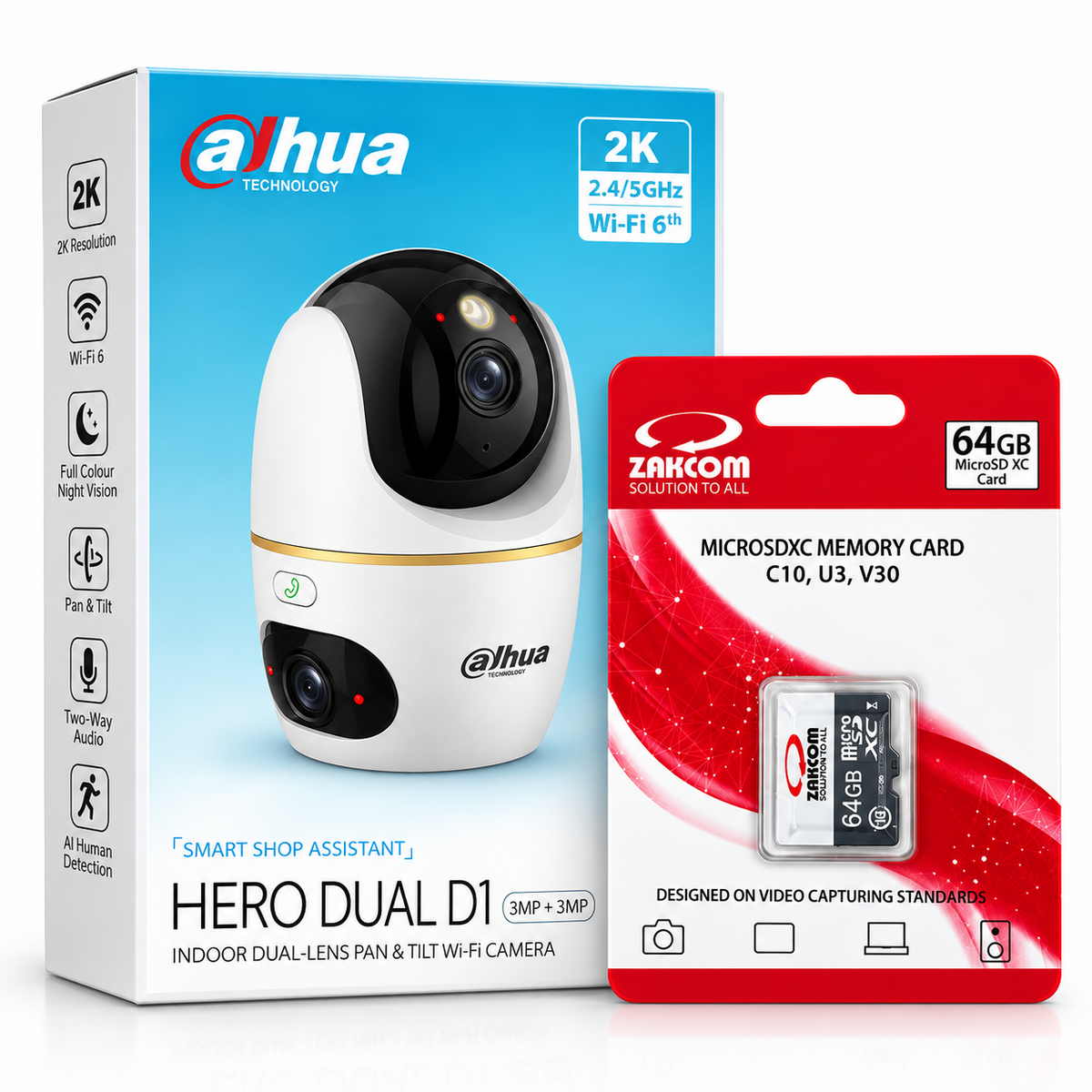 Dahua Hero Dual D1 3MP+3MP indoor dual-lens Wi-Fi camera with ZAKCOM 64GB memory card
