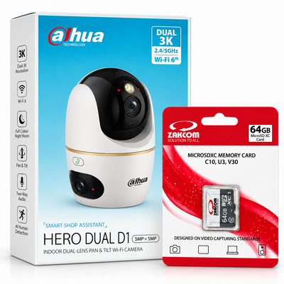 Dahua Hero Dual D1 5MP+5MP indoor dual-lens Wi-Fi camera with ZAKCOM 64GB memory card