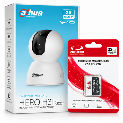 Dahua Hero H3I 3MP indoor pan and tilt Wi-Fi camera with ZAKCOM 32GB memory card
